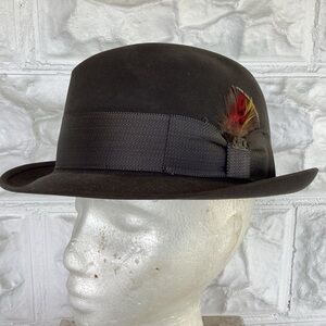 Stetson Vintage Dark Gray Sovereign Fedora with Feather Accent men’s size 7 1/4